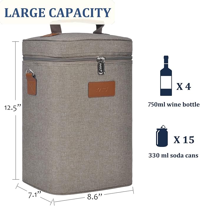 Tirrinia 4 Bottle Wine Gift Carrier - Leakproof & Insulated Padded Portable Wine Carrying Cooler Tote Bag for Travel, BYOB Restaurants, Wine Tasting, Parties, Gift for Wine Lovers, Grey