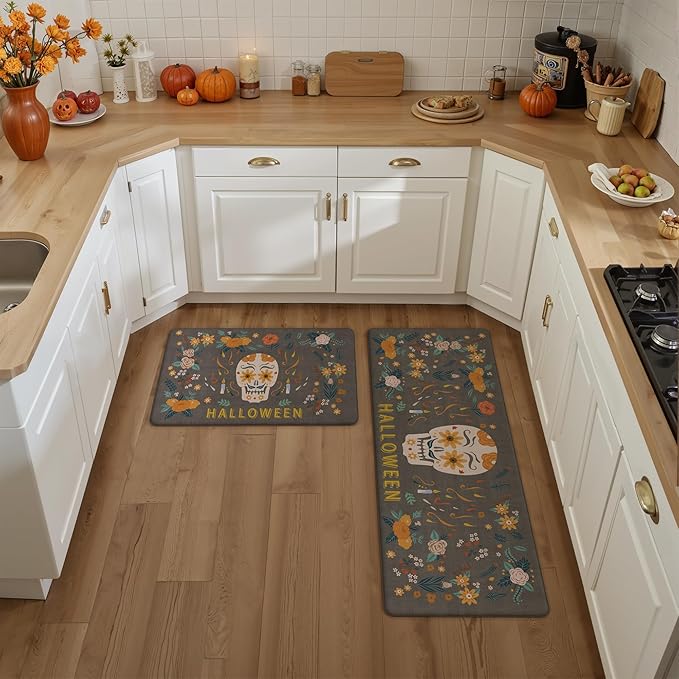 GENIMO Halloween Decorations - Kitchen Mats for Floor, 2PCS Kitchen Rugs, Cushioned Anti Fatigue Mat for Home Decor, Waterproof Non-Slip Comfort Standing Mat for Laundry, 17.3"x47"+17.3"x30", Grey