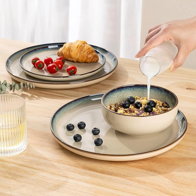 GBHOME Ceramic Dinnerware Sets for 4, 12 Pieces Stoneware Plates and Bowls Sets, Scratch Resistant Dishes, Dishwasher & Microwave Safe, Reactive Glaze-Gravel