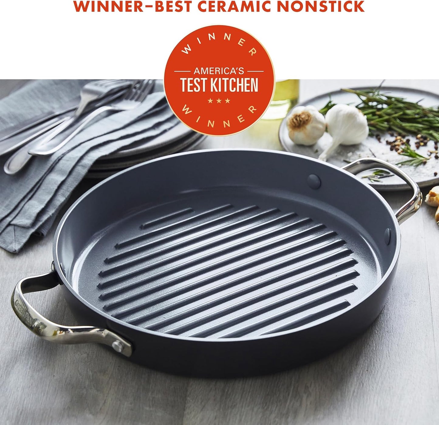 GreenPan Valencia Pro Hard Anodized Healthy Ceramic Nonstick 11" Grill Pan, PFAS-Free, Induction, Dishwasher Safe, Oven Safe, Gray