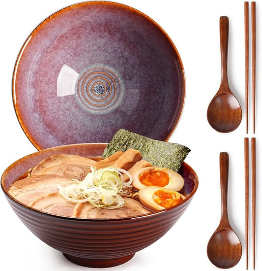 NUTRIUPS 8 Inch Ceramic Ramen Bowl Set of 2 Pho Bowls 40oz Japanese Noodle Udon Soup Bowls with Spoons and Chopsticks (Lavender)