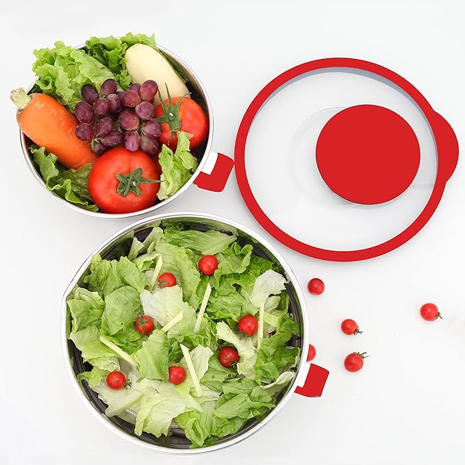 HAPPY KIT 18/8 Mixing Bowls with Lids Set of 2,Stainless Steel Mixing Bowl with Pour Spout, Non-slip Handle and Bottoms, 3 Grater Attachments, Measurement Marks & Lid, Size 5, 3QT(Red)