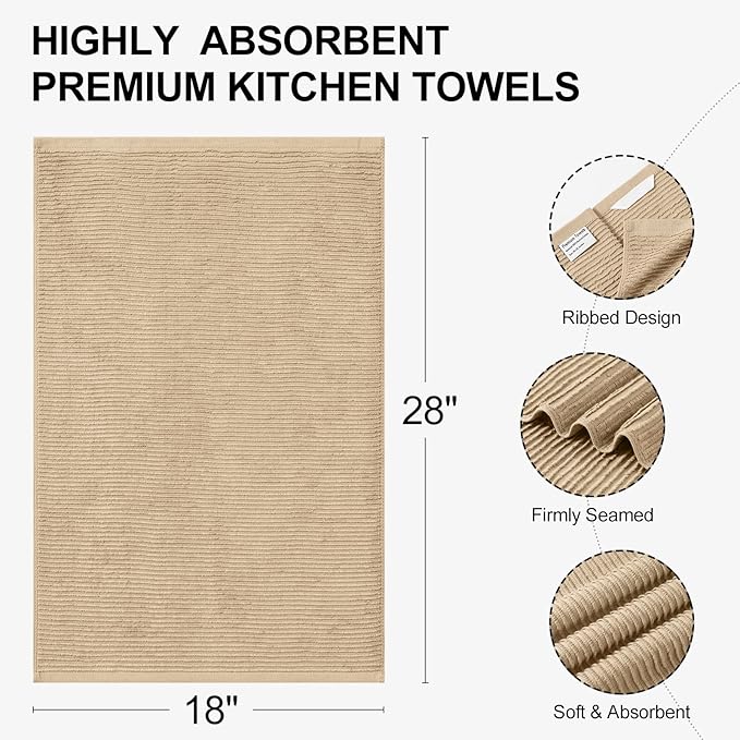 Homaxy Premium Kitchen Towels (18"x 28", 8 Pack), Large 100% Cotton Kitchen Hand Towels, Ultra Absorbent Ribbed Terry Tea Towels Set with Hanging Loop, Khaki