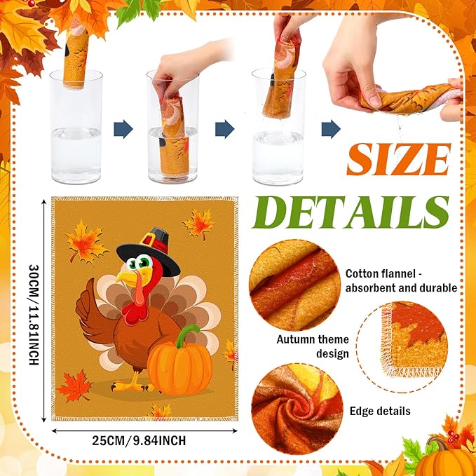 36 Pcs Thanksgiving Reusable Paper Towels Rolls Washable Bulk Thanksgiving Pumpkin Turkey Kitchen Towels Paperless Reusable Cloth Cotton Napkins with Cardboard for Kitchen Bathroom