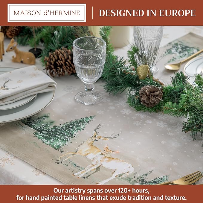 Maison d' Hermine Placemats Set of 4 100% Cotton Washable Cloth Place Mats, Reusable Table Mats for Thanksgiving Christmas Decorations Kitchen Dining Party Wedding (Deer in The Woods, 13" x 19")