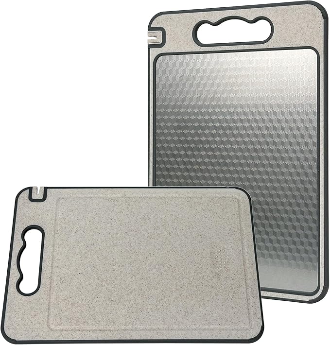 MAN-PC Stainless Steel Cutting Board,Double Sided Steel Cutting Boards for kitchen,Stainless Steel/Wheat straw pp Large Board for meat,non toxic Chopping,14’’×9.6’’ Inch, Dishwasher Safe