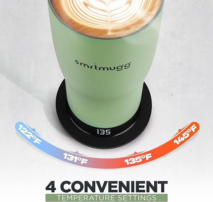 X Heated Coffee Mug 19 oz., 8 Hour Battery Life, Self-Heating, Adjustable Temp Controlled, LCD Screen, Includes Cover with Magnetic Slider (Black) (Sage Green)