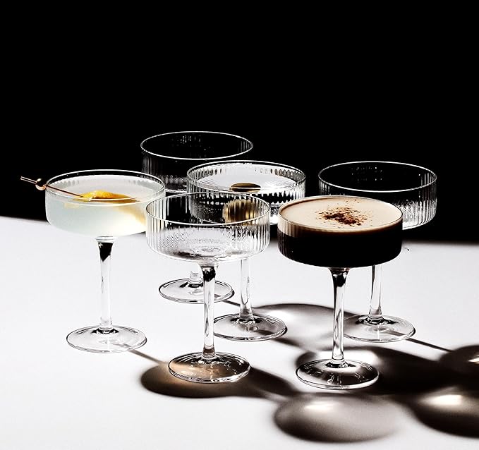 LEMONSODA Clear & Ribbed Martini Coupe Glasses - Classic Barware for Espresso Martini, Manhattan, Cosmopolitan – Handcrafted Luxury Glassware for Home Entertaining (Ribbed 9.5oz, Set of 4)