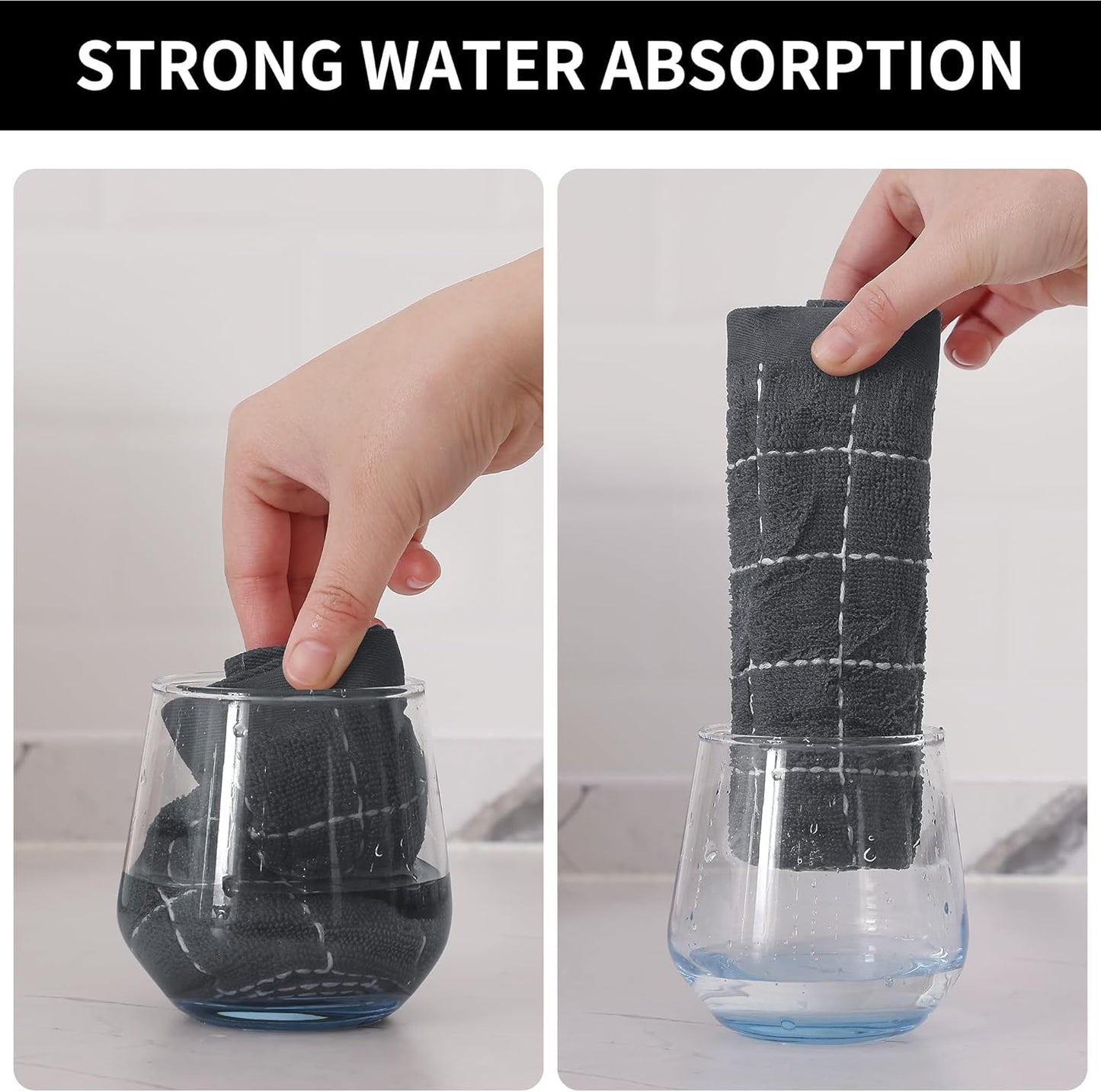 Homaxy 100% Cotton Terry Kitchen Towels(Grey, 13 x 28 inches), Checkered Designed, Soft and Super Absorbent Dish Towels, 6 Pack