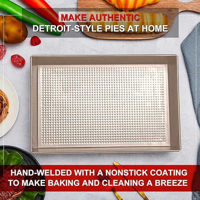 Detroit Style Pizza Pan Hard Rectangular Deep Pizza Pans Non Stick Sicilian Style Pan Dish Pre Seasoned Bakeware Kitchenware(10 x 14 x 2.36 in,Gold,3 Pcs)