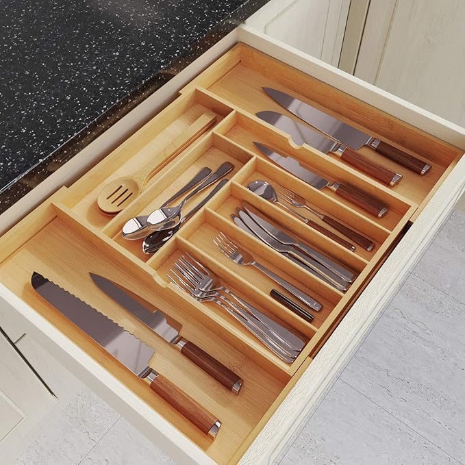 BAMEOS drawer organizer flatware organizer cutlery tray silverware organizer expandable adjustable bamboo drawer organizer kitchen bathroom