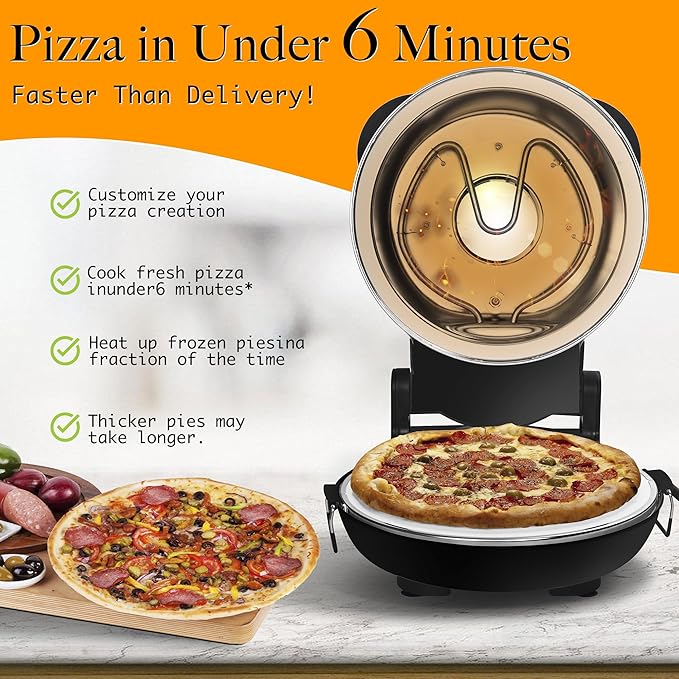 Crispy Crust Pizza Oven-12" Electric Pizza Maker Machine for Home, Pizza Cooker Countertop Maker with Ceramic Stone Heats Up to 800˚F Pizza Oven Indoor, Black