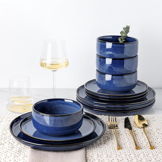 TheTerra Ceramic Dinnerware Sets for 4, 12 Pieces Handmade Reactive Glaze Plates and Bowls Set, Scratch Resistant Dish Set, Oven & Microwave & Dishwasher Safe, Blue