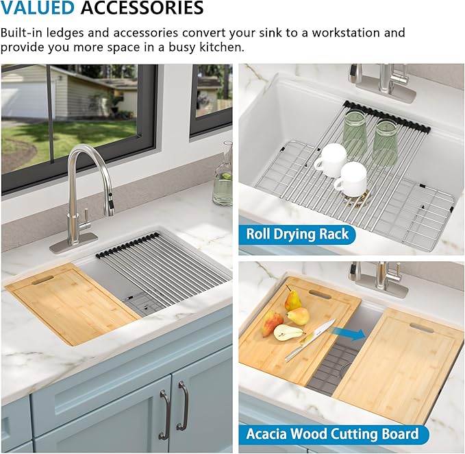 28"x19" Granite Composite Kitchen Sink - White Undermount Ledge Workstation Quartz Classic Under Counter Single Bowl Basin