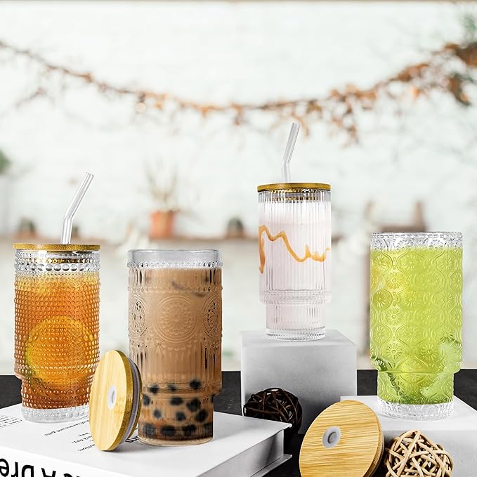4 Pcs 16 oz Glasses Cups Set with Bamboo Lids Straws Brush Ribbed Vintage Aesthetic Glassware Set for Tea Iced Coffee Beer Cocktail Whiskey