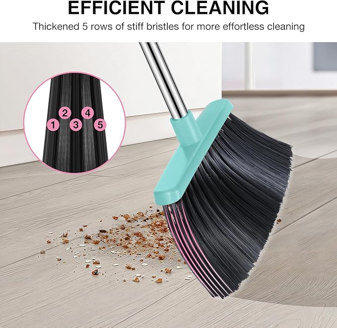 Broom and Dustpan Set, 52-in Long Adjustable Handle Broom Dustpan Combo with Dust pan Teeth to Automatically Clean Hair Suitable for Home Kitchen Office Hall Floor (Pink&Blue), 2 Pack