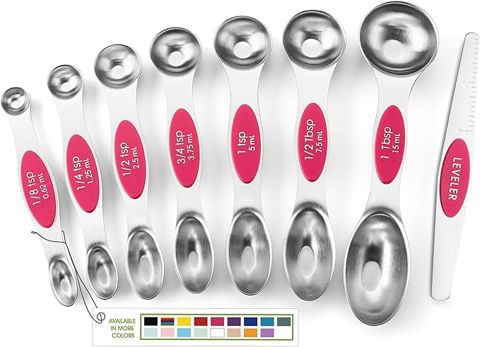 Spring Chef Pink Stainless Steel Magnetic Measuring Spoons Set of 8 with Leveler, Dual Sided Teaspoon & Tablespoon Measuring Set for Dry and Liquid Ingredients, Kitchen Gadgets for Baking & Cooking
