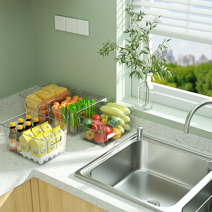 BALEINE Clear Plastic Storage Bins, Pantry Organization, BPA Free Stackable Refrigerator Organizers and Storage with Handles for Kitchen Fridge Cabinet Bathroom (6PK, 9.5x5.5x4.5)