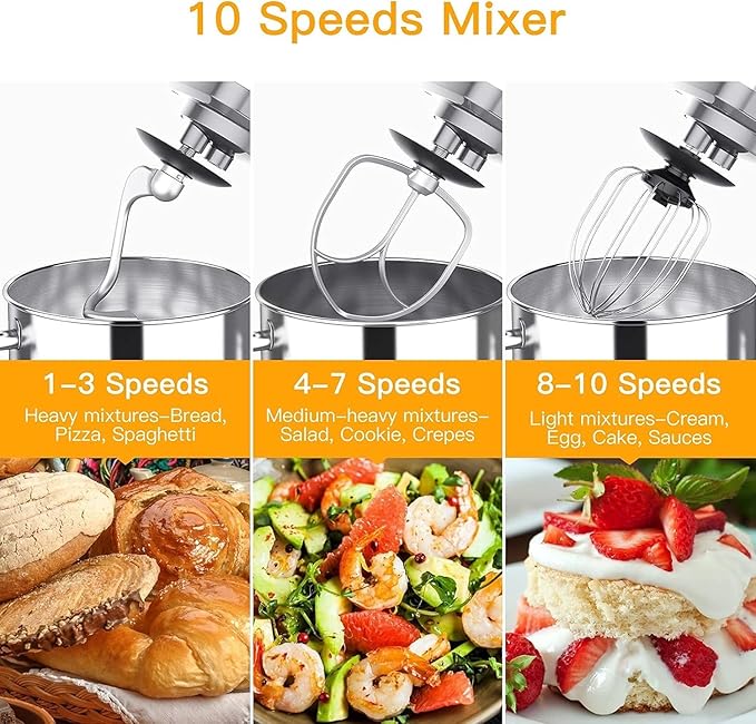Garvee 7.5QT Stand Food Mixer, 10-Speed Tilt Head 3-IN-1 Kitchen Electric Mixer with Stainless Steel Bowl, Egg Whisk, Dough Hook, Beater, Splash Guard, Compact Dough Mixer for Home Cooks, Silver