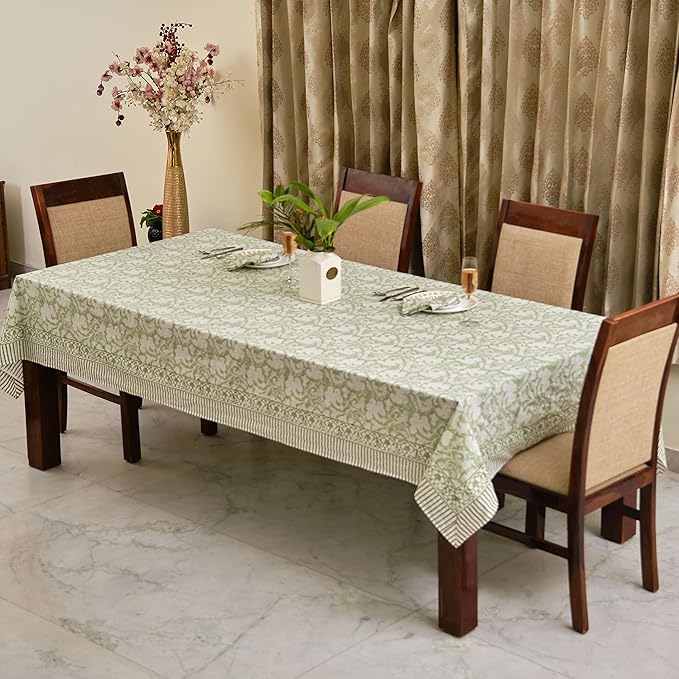 Ridhi - Hand Block Print Cotton Cloth Dinning Table Cover Wedding Farmhouse Thanks Giving Christmas Spring Tablecloth (Sage Green, 8 Seater 70x108 Inches)