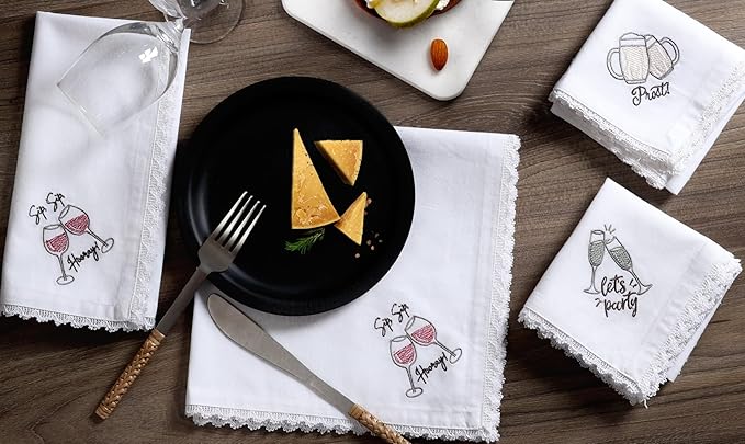 Bedding Craft Cotton Cloth Dinner Napkins Set of 12 – 18x18 Embroidered Motif with Decorative Lace Edges – Machine Washable Fabric Napkins for Weddings, Baby Showers, Christmas & Easter