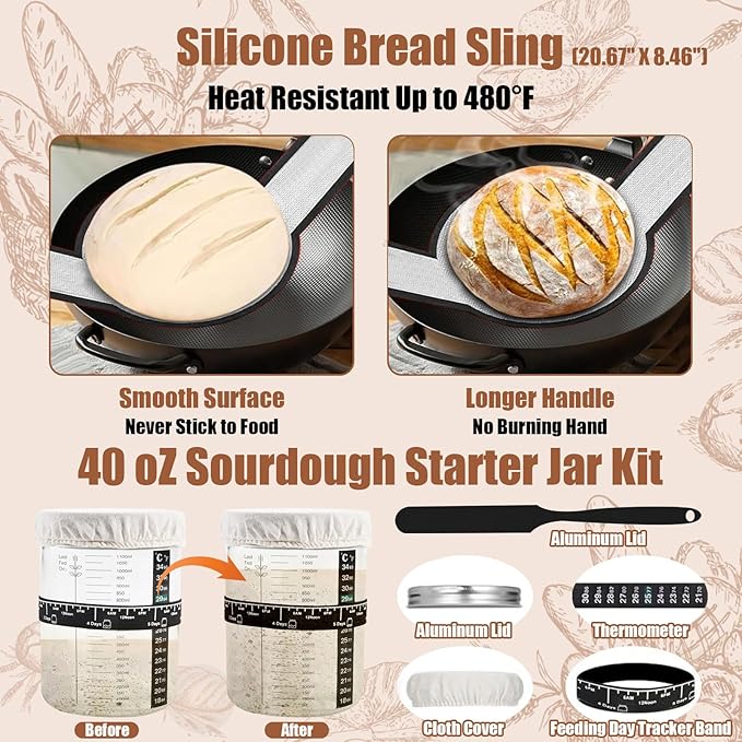 Sourdough Starter Kit, Sourdough Bread Baking Supplies with with 40oz Jar, 10" & 11" Cotton Banneton Proofing Baskets Set - Artisan Bread Tools, Silicone Sling for Homemade Sourdough Baking