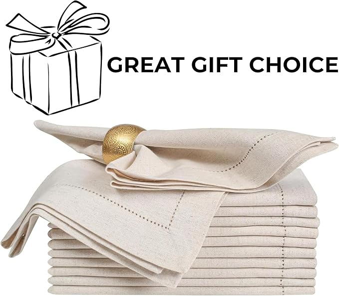 Bedding Craft Linen Flax Cotton Cloth Dinner Napkins Set of 12 – 20x20 Natural Hemstitched Fabric – Machine Washable Elegant Reusable Table Napkins for Weddings, Parties & Dining Décor