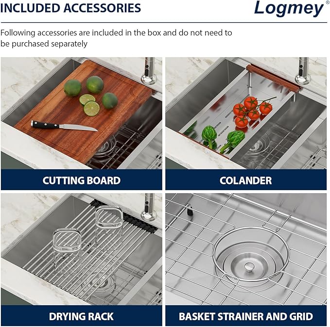 Logmey 33x19x9 Inch Double Bowl Undermount Stainless Steel Workstation Sink - 50/50 Divide, X-Shaped Drainage