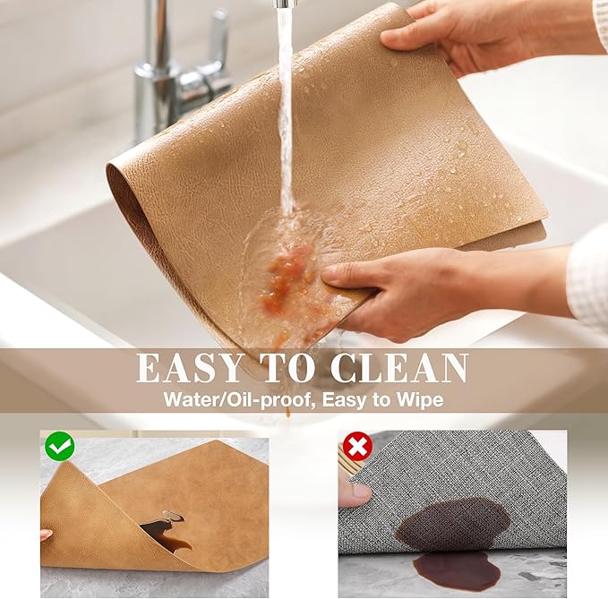 Roxifina Faux Leather Placemats Set of 8 - Vinyl Placemats Wipeable Waterproof Oil-Proof PU Place Mats Heat Resistant Reversible Table Mats for Dining, Kitchen, Outdoor, 12 x 17 Inch (Camel)