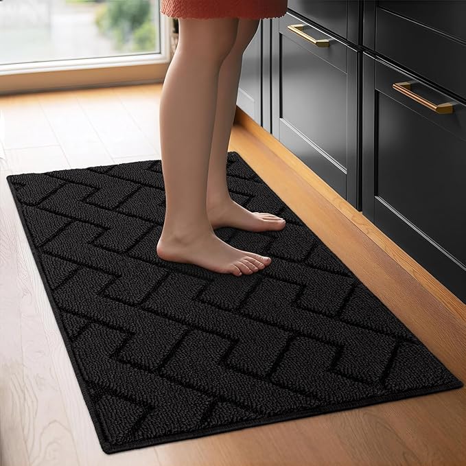 hicorfe Kitchen Rugs and Mats Sets,Super Absorbent Polypropylene Non-Slip Rug,Soft Comfort Floor Mat,Washable for Kitchen,Hallway,Office,Sink,Laundry(24" x 35",Black)