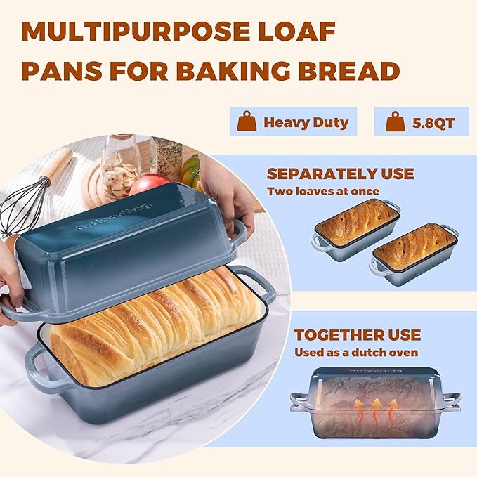 11x5 Inch Cast Iron Bread Loaf Pan With Lid, 5.8 Qt Large Loaf Pan for Sourdough Bread Baking, Heavy Duty Dutch Oven Bread Pan For a Crispy Crust, Seasalt