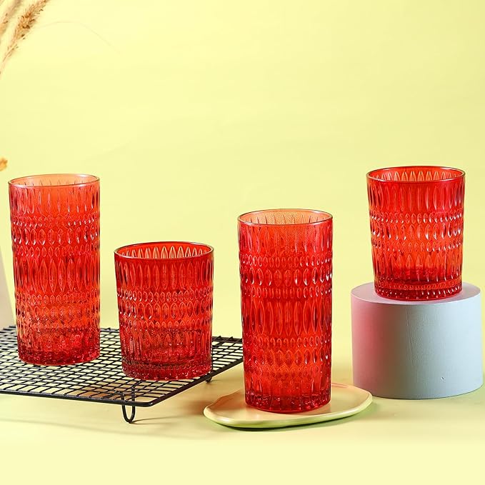 Glassware Drinking Glasses Set of 8, 14 oz Highball Glasses & 10 oz Ribbed Glass Cups, Vintage Glassware for Water, Juice, Cocktail (Christmas Red)