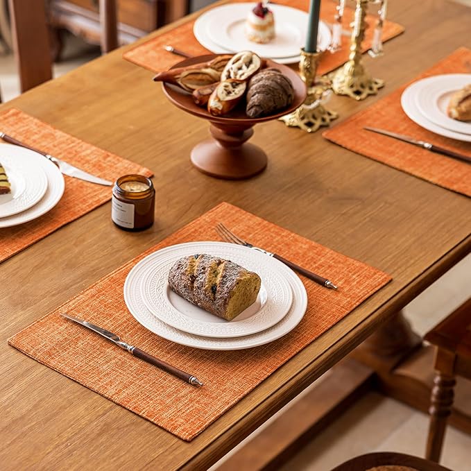 KXN Thanksgiving Placemats Set of 6, Dual-Layer Thickened Faux Linen Table Mats, Heat Resistant & Wrinkle-Free, Machine Washable Cloth Place Mats for Kitchen Dining Indoor Outdoor (Orange)