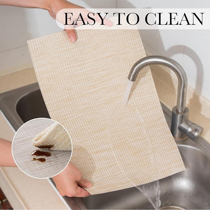 BACKTOEDEN Placemats Set of 8 Heat Resistant Washable Wipeable Placemat Woven Non-Slip Foldable Vinyl/Plastic Place Mats Indoor/Outdoor Mat Kitchen Dining Table Pad, Beige Silver Line