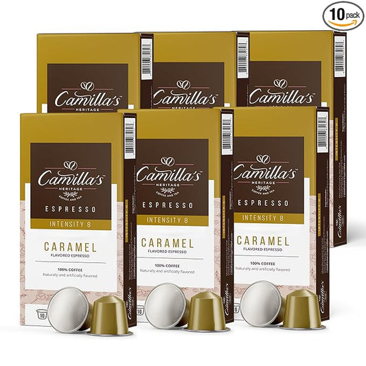 Camilla’s Heritage - Intensity 8 Caramel Flavored Espresso Coffee, Gourmet Espresso Cups, 60 Coffee Pods