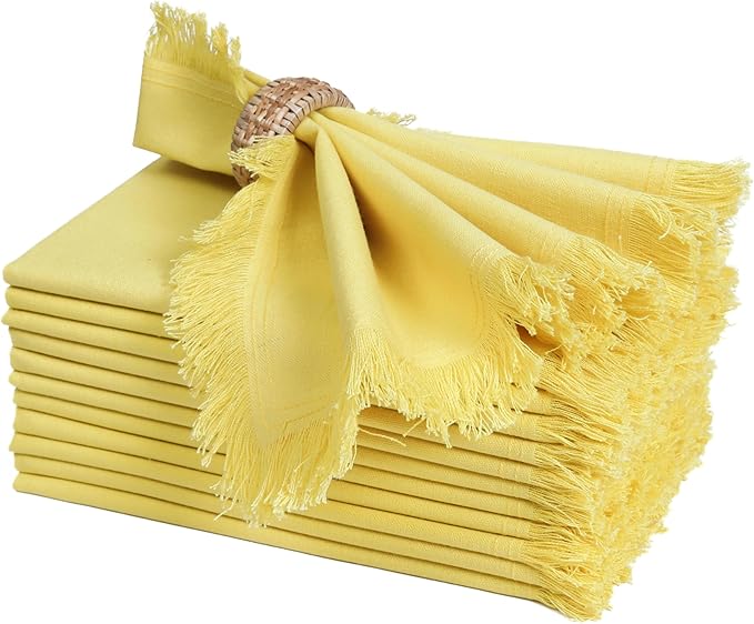 Bedding Craft Cotton Cloth Dinner Napkins Set of 12 – 18x18 Golden Kiwi Yellow with Fringed Corners – Machine Washable Fabric Napkins for Weddings, Baby Showers & Everyday Dining