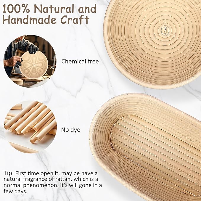 Banneton Bread Proofing Basket, Sourdough Bread Baking Supplies Kit, 10" Oval & 9" Round Banneton Baskets, Sourdough Basket Starter Set with Brush, Oil Can, Dough Whisk, Sling