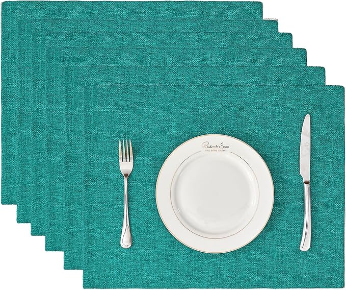 BALCONY & FALCON Placemats Set of 6 Faux Linen Cloth Place Mats Washable Waterproof Wrinkle Resistant Table Placemats for Dining Kitchen Farmhouse Indoor & Outdoor Use(Teal, 13.8”x 17.7”