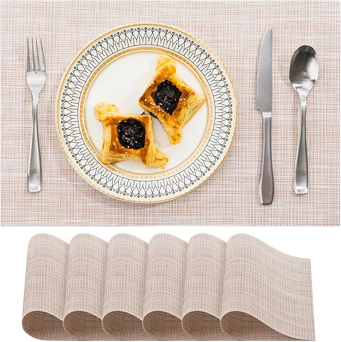 BACKTOEDEN Placemats Set of 6 Heat Resistant Washable Wipeable Placemat Woven Non-Slip Foldable Vinyl/Plastic Place Mats Indoor/Outdoor Mat Kitchen Dining Table Pad, Beige