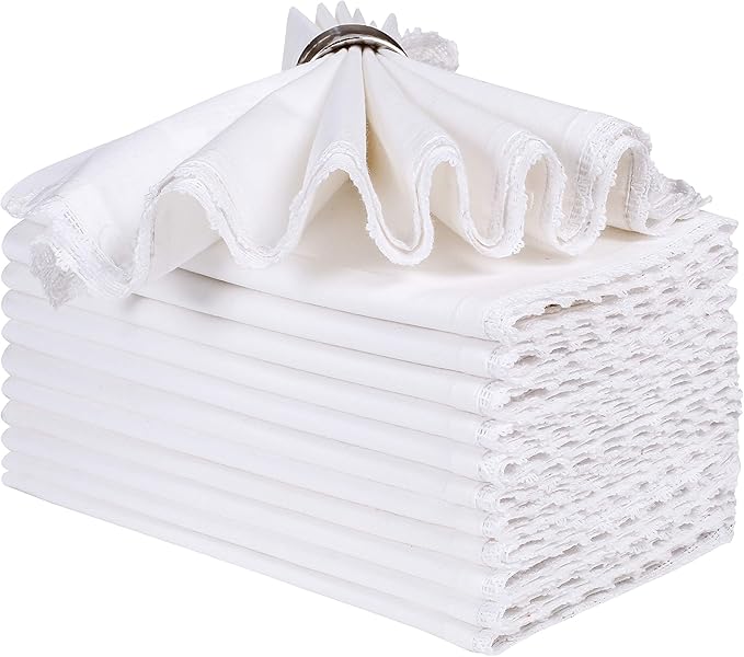 White Cloth Napkins Set of 12 Cotton - 18x18 Inch with Beautiful Lace Soft Elegant Decorative Washable Reusable Dinner Napkin for Dining Table Décor Wedding Party Thanksgiving Birtday and Everyday Use