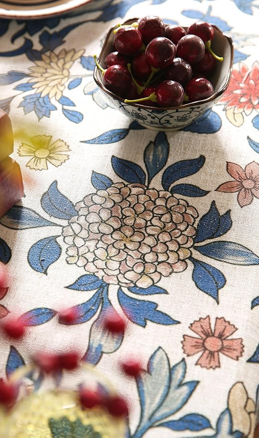 patdrea Designer Blue Tablecloth for Rectangle Tables,Vintage Linen with Leaves and Flowers Pattern Tablecloths,Farmhouse Floral Table Cover Cloth Decor for Kitchen Dining Christmas,63"*87"