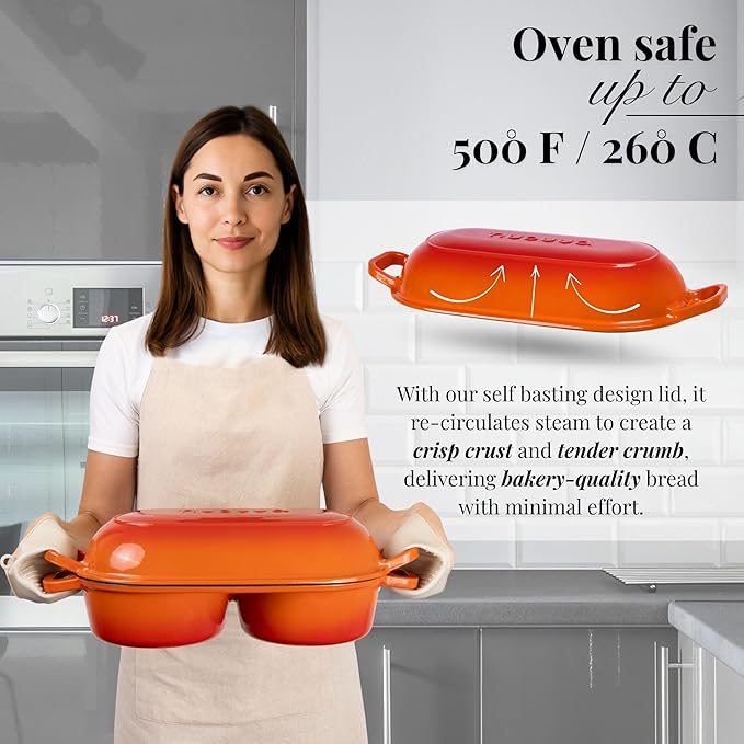 Dutch Oven For Sourdough Bread Baking – Enamelled Cast Iron Bread Loaf Pot – 500°F Oven Safe Non Stick Bread Pot – Double Round Loaf Space, 16.5cm Diameter, Orange, – by Nuovva
