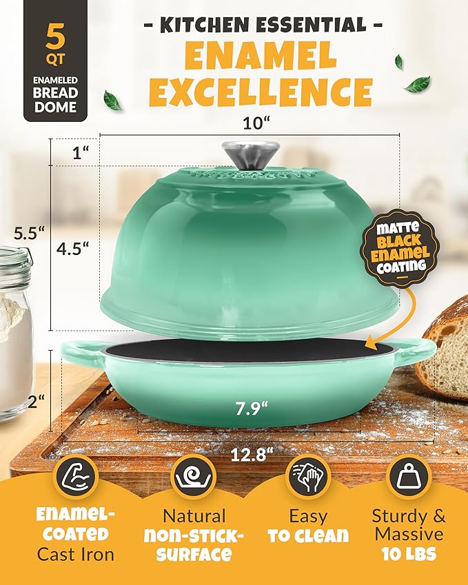 Dutch Oven Bread Baking - 5QT Enamel Bread-Oven - incl Sourdough Bread-Baking Suppliers like Dough Whisk Scoring Lame etc Bread-Dome Cast Iron Bread-Pan with Lid for Sour dough, Bread-making