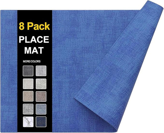 homing Faux Leather Heat Resistant Placemats 8 Packs, Waterproof Wipeable Dining PU Place Mats for Indoor & Outdoor, Easy to Clean, Sea Blue