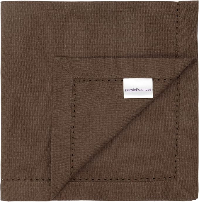 PurpleEssences Set of 12 Hemstitch Cloth Dinner Napkins 100% Cotton - Soft Durable Washable - Ideal for Wedding Christmas Holiday Winter - Perfect Everyday Use Table Linen 18x18 - Nut Brown