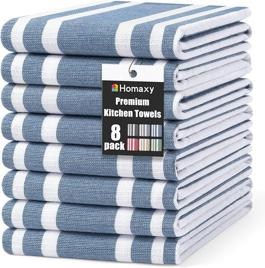 Homaxy Premium Kitchen Towels 18”x 28”, Large Cotton 380 GSM Kitchen Hand Towels, Stripe and Terry Dish Towel, Highly Absorbent Tea Towel Set with Hanging Loop, 8 Pack, Navy Blue