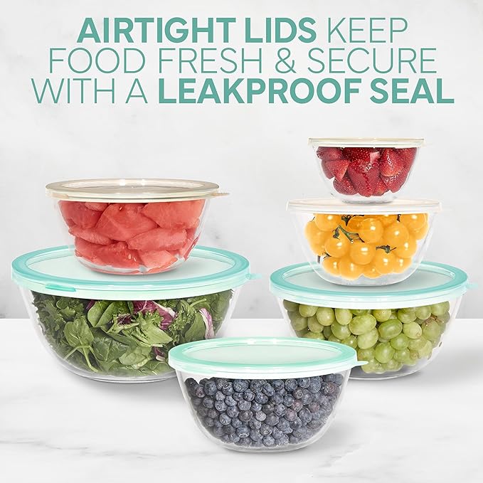 COOK WITH COLOR 12 Pc Glass Mixing Bowl Set with Lids – Borosilicate Glass Nesting Bowls for Cooking, Baking and Meal Prep, Mint