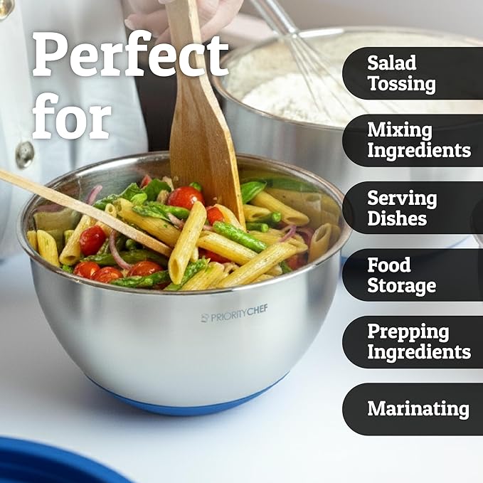 Priority Chef Stainless Steel Mixing Bowls with Lids Set, Metal Nesting Bowls with Airtight Lids, Graters, Non-Slip Base & Measurement Marks, Includes Utensil Set for Prep, Baking & Storage, Blue