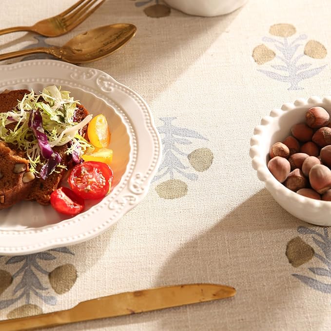 patdrea Designer Beige Tablecloth for Round Tables,Vintage Linen with Yellow Flowers Pattern Tablecloths,Rustic Floral Table Cover Cloth Decor for Kitchen Dining Christmas,Diameter 55"