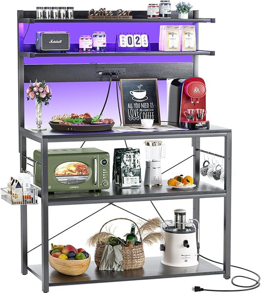 Aheaplus Bakers Rack with Power Outlet, Microwave Stand, 5 Tiers Coffee Bar Station with Led Lights, Kitchen Storage Shelf with 6 S-Shaped Hooks, Kitchen Rack Coffee Bar Stand, Black